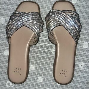 A New Day Silver Women's Sandals Sparkly Formal Flats Slides Summer Slip-On